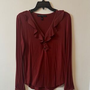 NY Collection Women's Ruffled V-Neck Long Sleeve Top in Burgundy